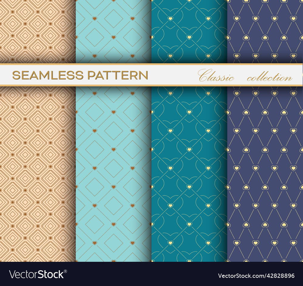 Set of seamless gold patterns on a multicolored vector image Set of seamless gold patterns on a multicolored