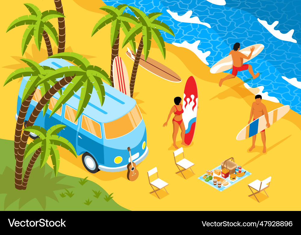 Surfing isometric background Royalty Free Vector Image