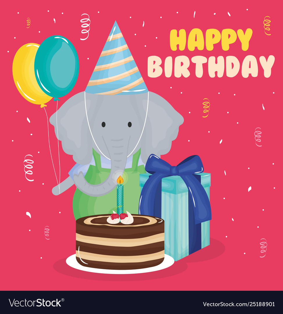 Happy birthday card with elephant and cake