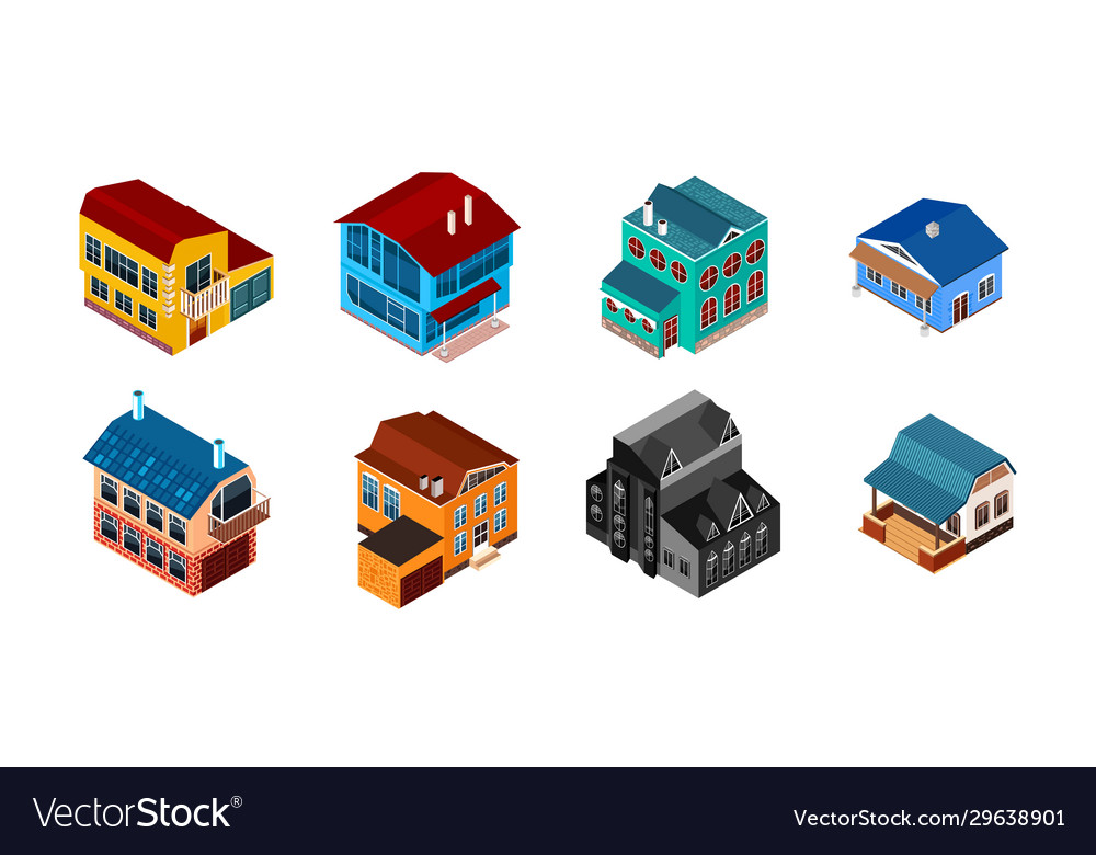 Isometric suburban house set isolated on white