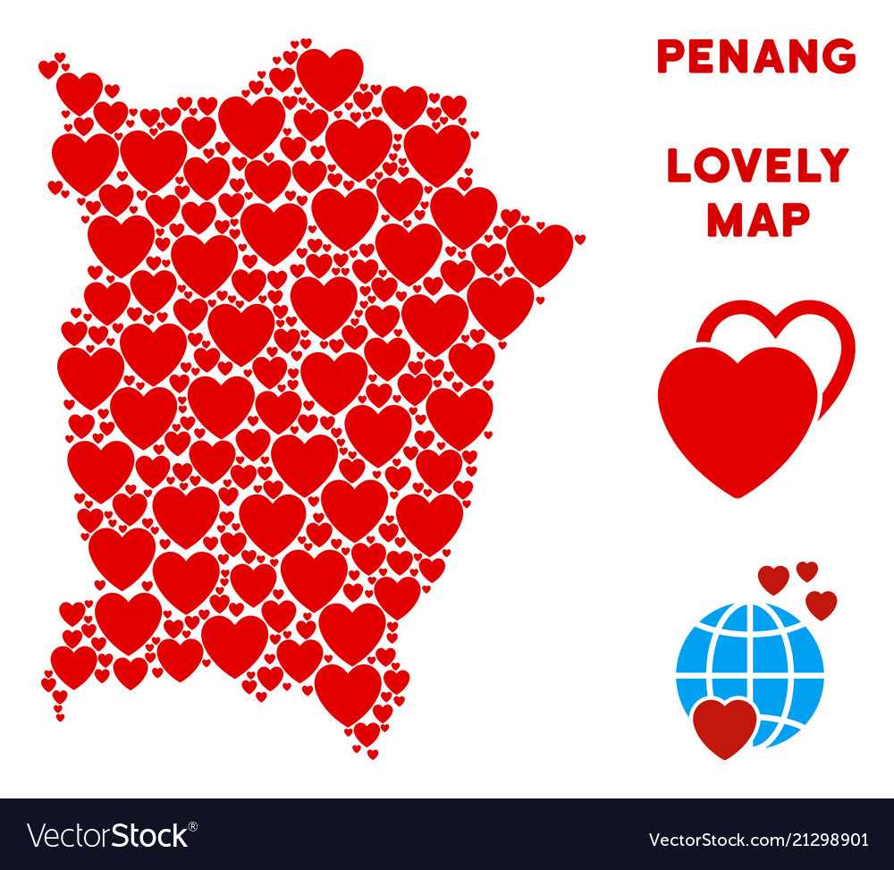 Love penang island map collage of hearts