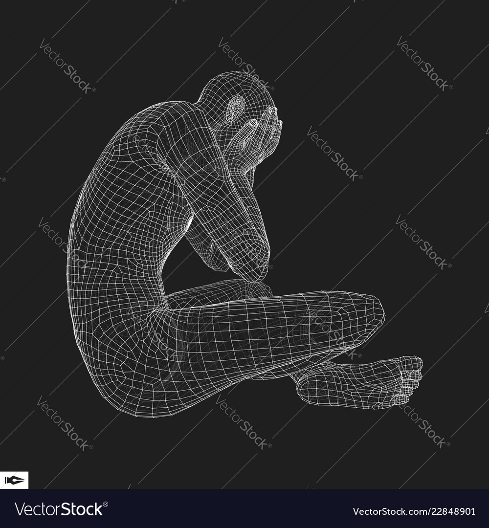 Man in a thinker pose 3d wire model of vector image Man in a thinker pose 3d wire model of
