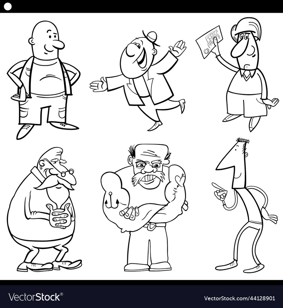 Men comic characters set black and white Vector Image