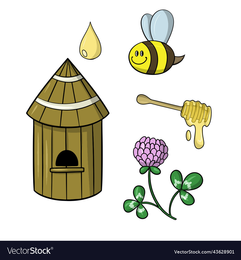 Wooden beehive bee and clover flower