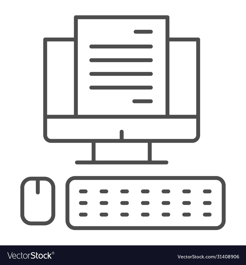 Computer monitor with document thin line icon vector image Computer monitor with document thin line icon