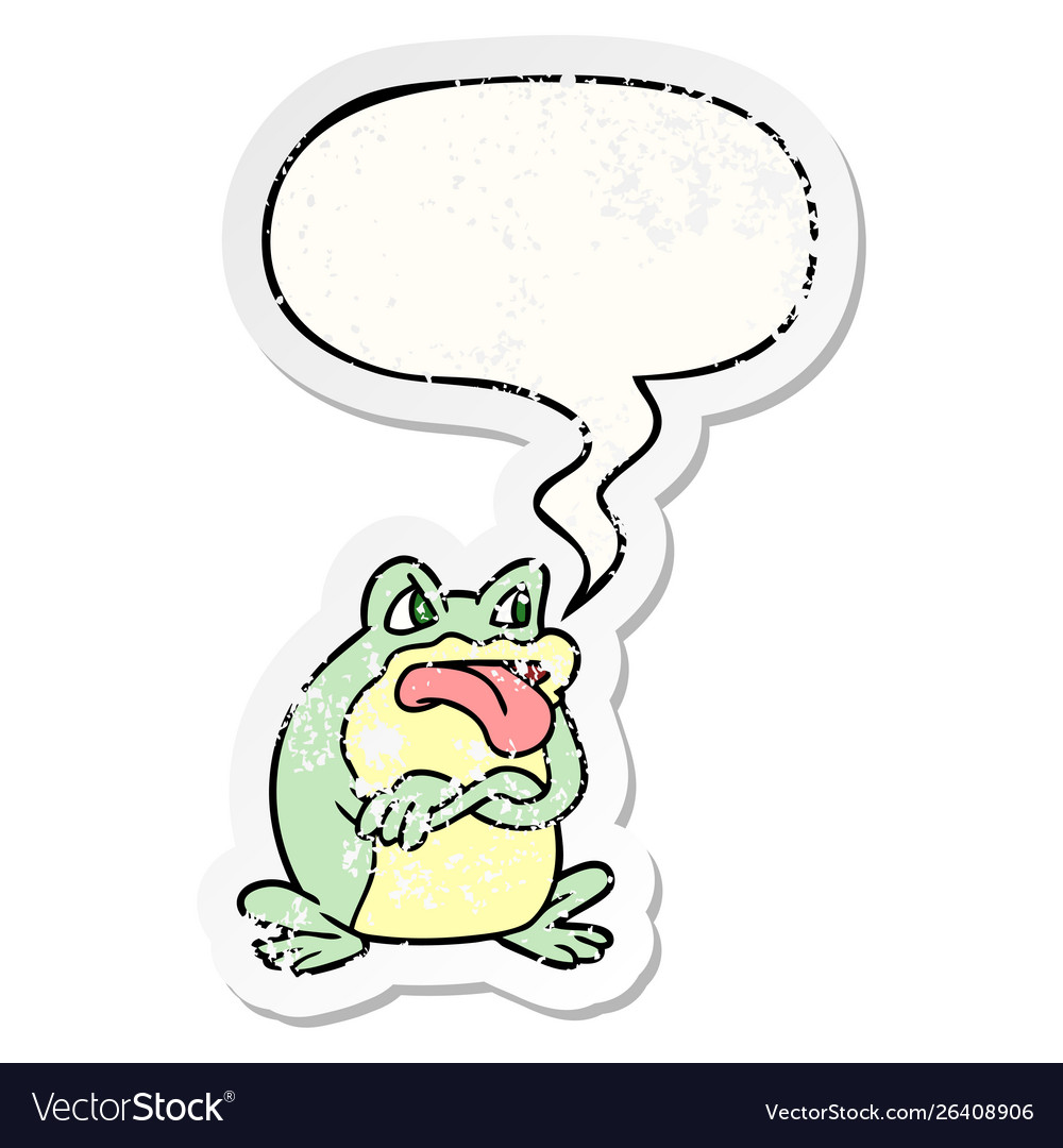 Grumpy cartoon frog and speech bubble distressed