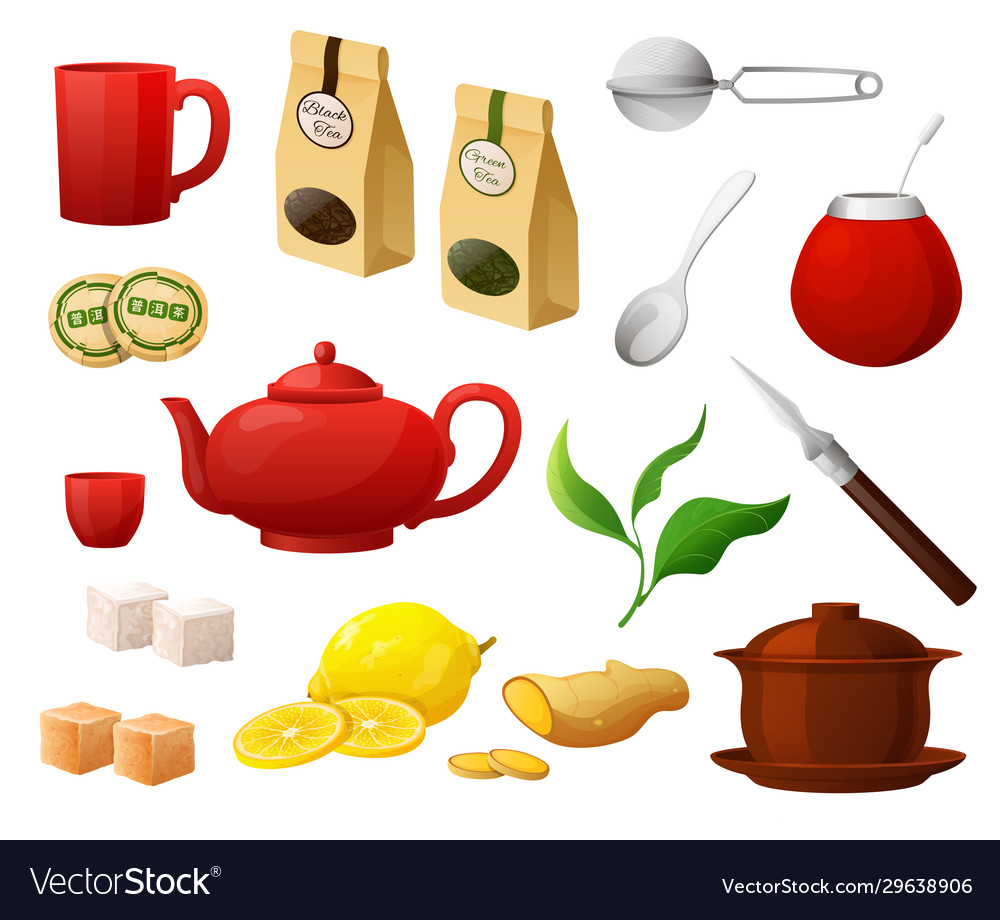 Tea object set isolated on white package vector image Tea object set isolated on white package