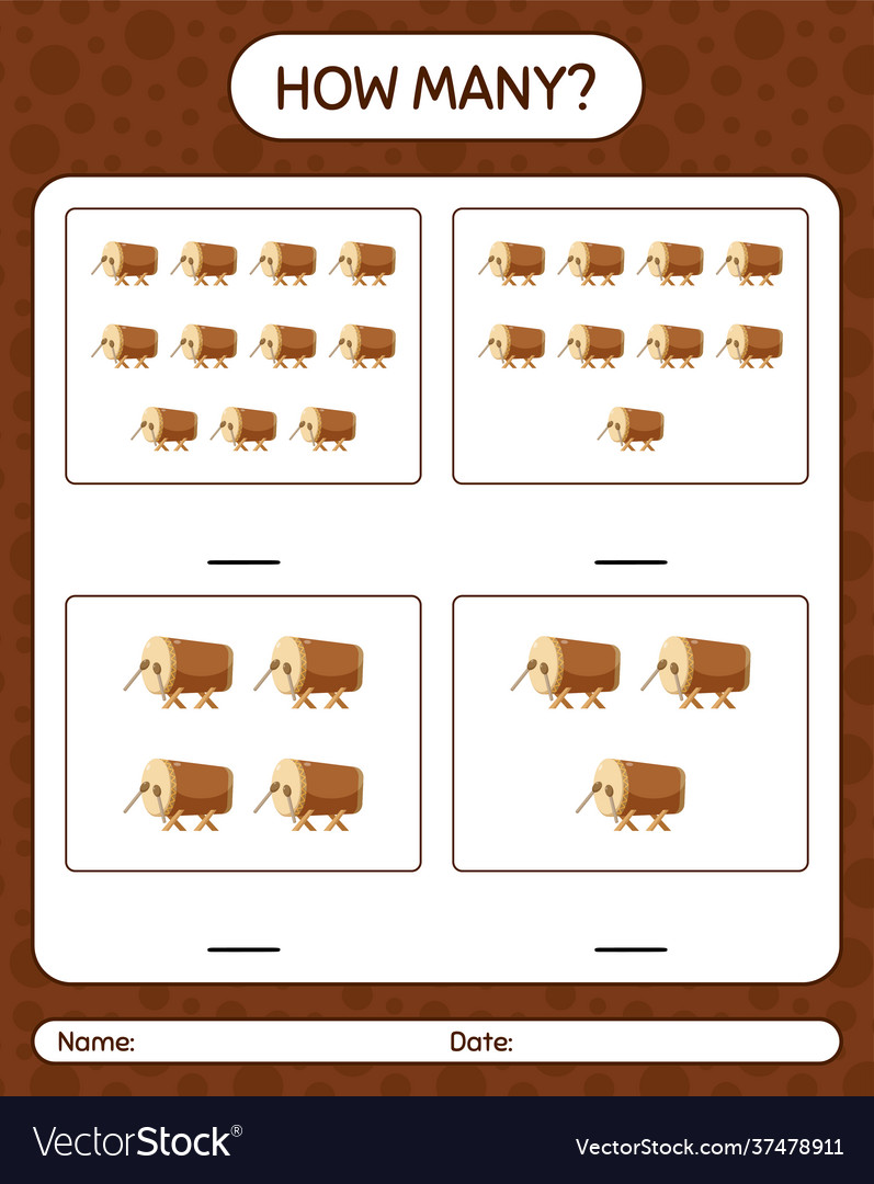 How many counting game with bedug drum worksheet Vector Image How many counting game with bedug drum worksheet
