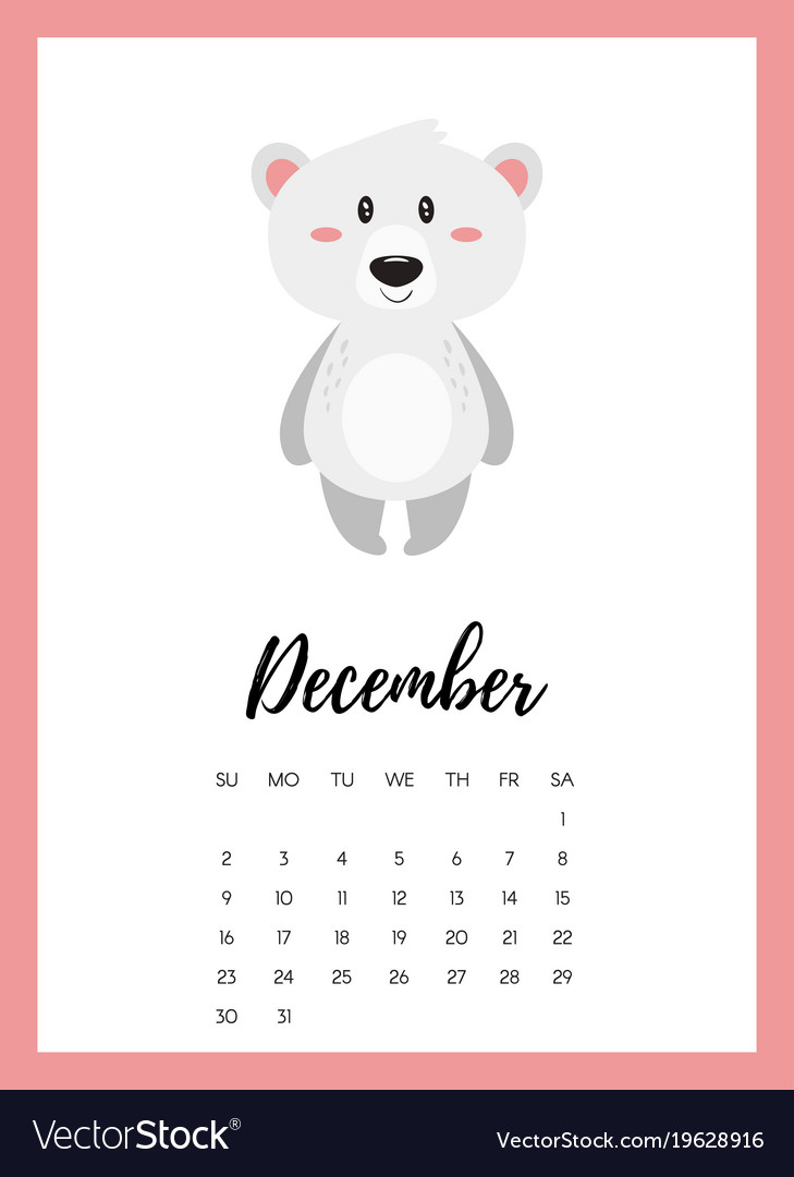 December 2018 year calendar page Royalty Free Vector Image
