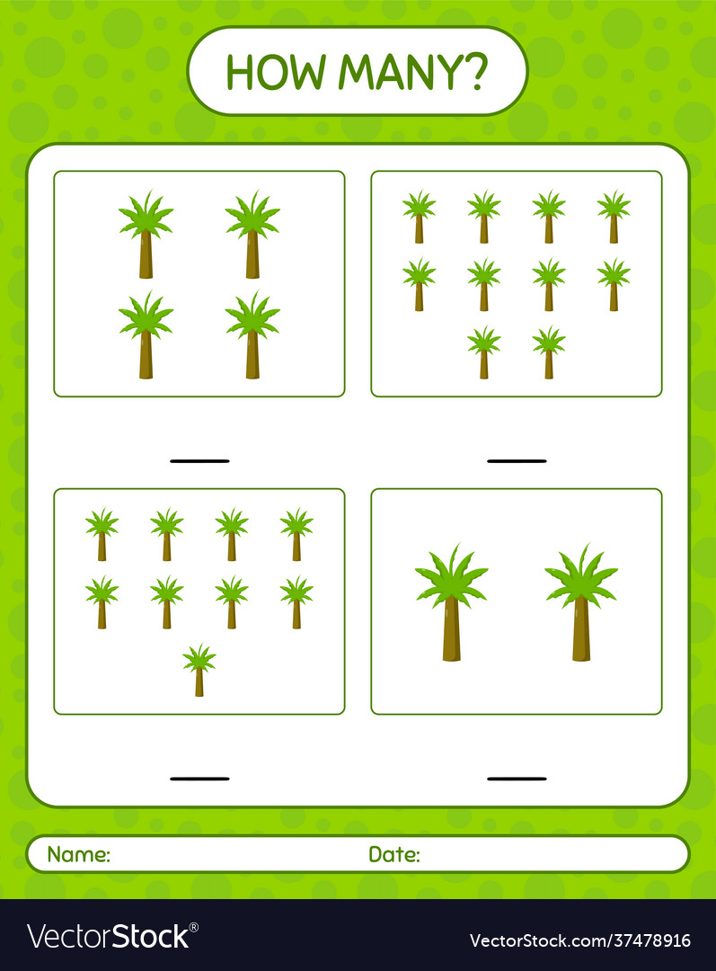 How many counting game with palm tree worksheet vector image How many counting game with palm tree worksheet