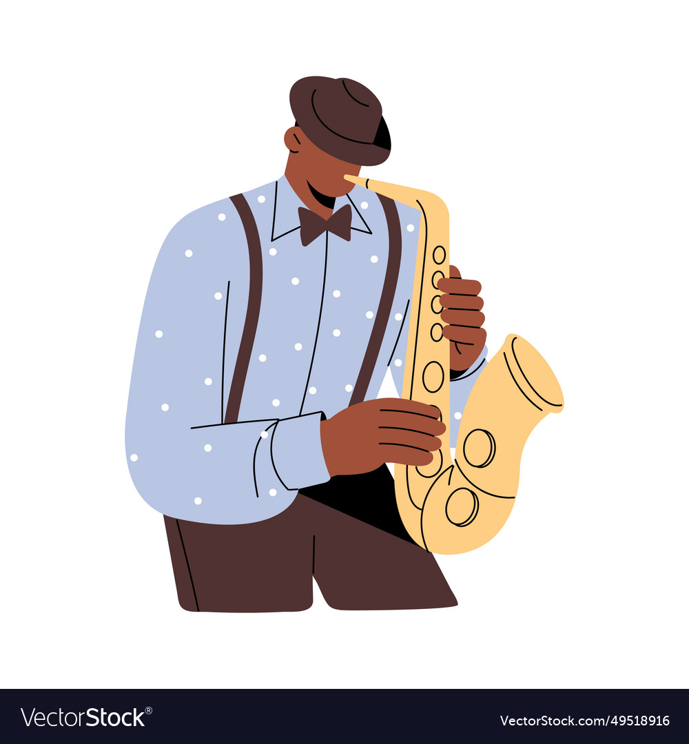 Jazz man in suit play on wind music instrument Vector Image