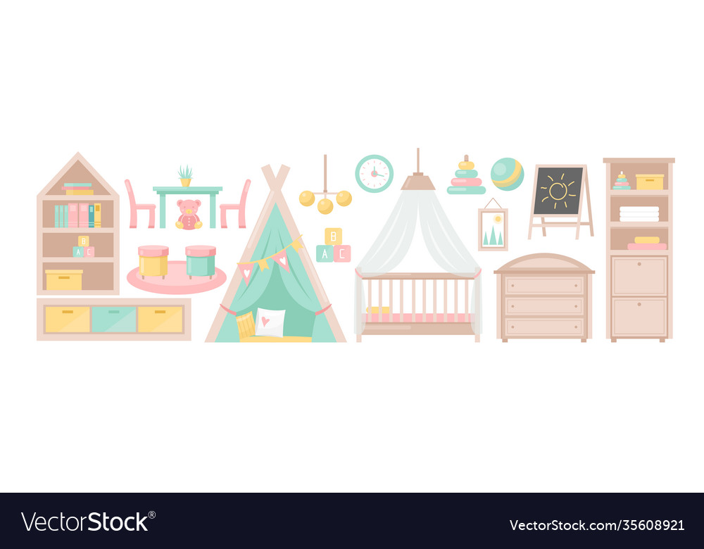 Baby bedroom furniture children room interior set vector image Baby bedroom furniture children room interior set