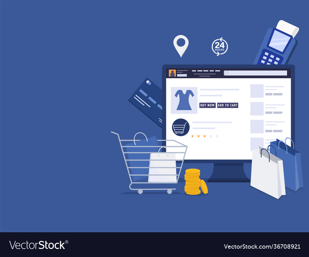 Online store app in desktop with trolley carry vector image Online store app in desktop with trolley carry