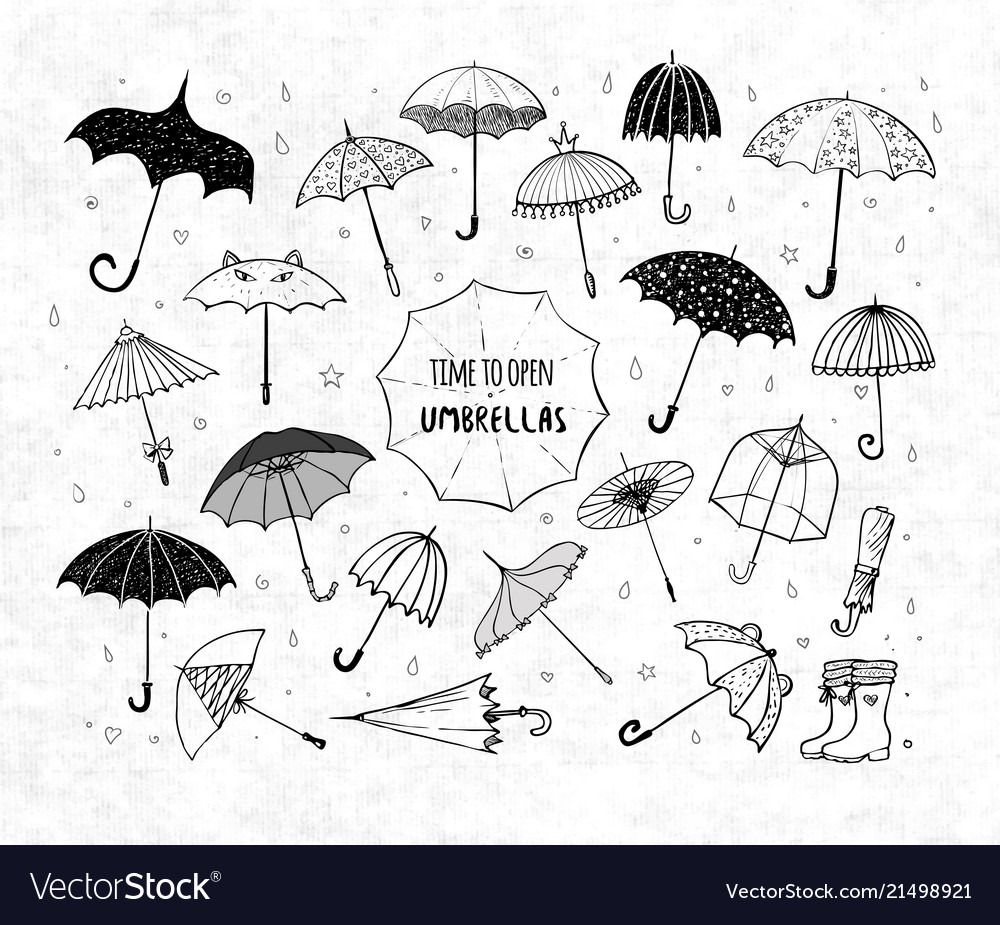 Set Of Doodle Sketch Umbrellas On Rice Paper Vector Image