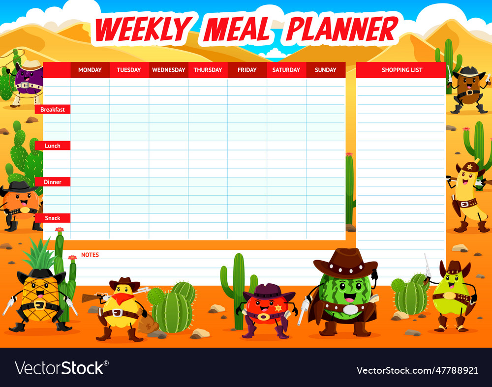 Weekly meal planner cartoon western cowboy fruits vector image Weekly meal planner cartoon western cowboy fruits