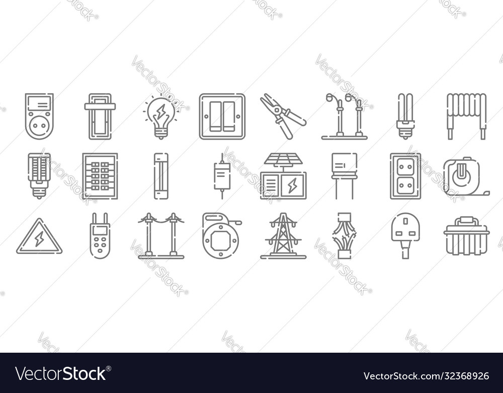 Electrician tools and line icons linear set