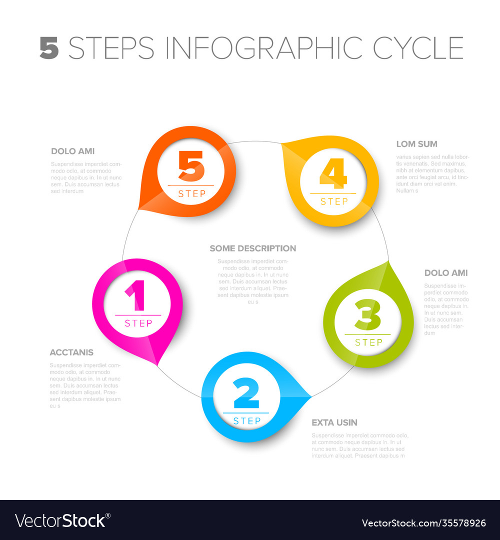 Five color circle pointers cycle steps process vector image Five color circle pointers cycle steps process