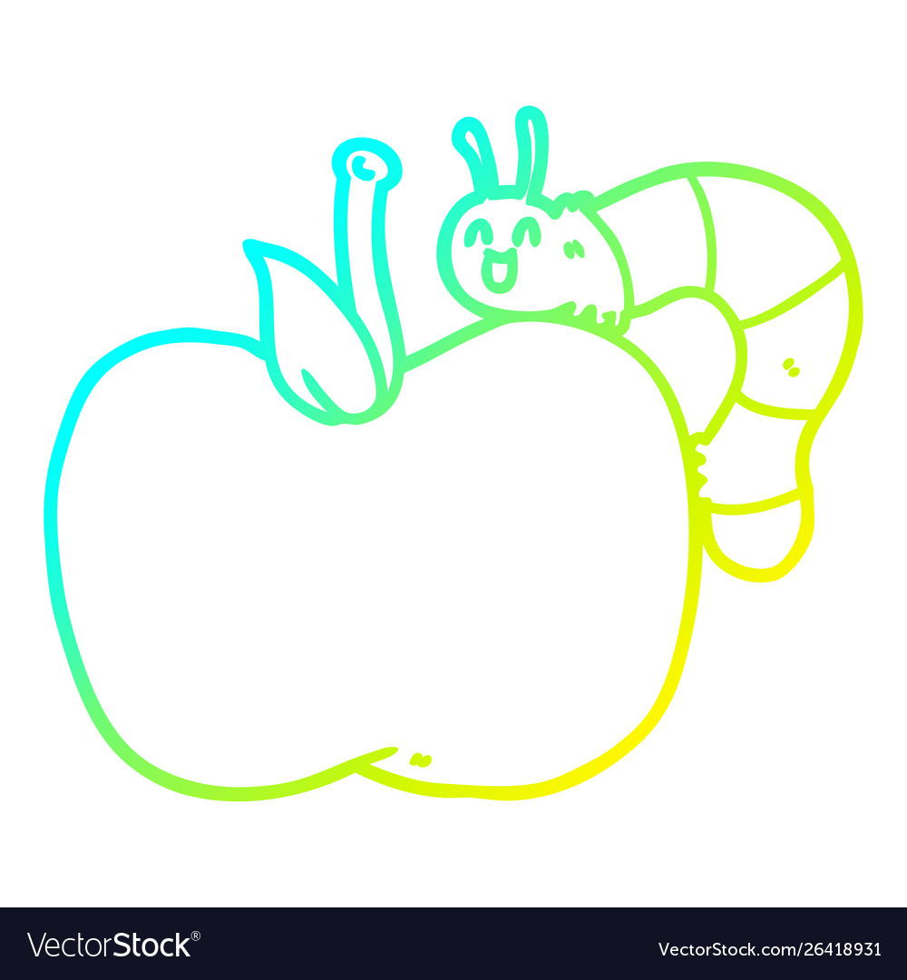 Cold gradient line drawing cartoon apple and bug