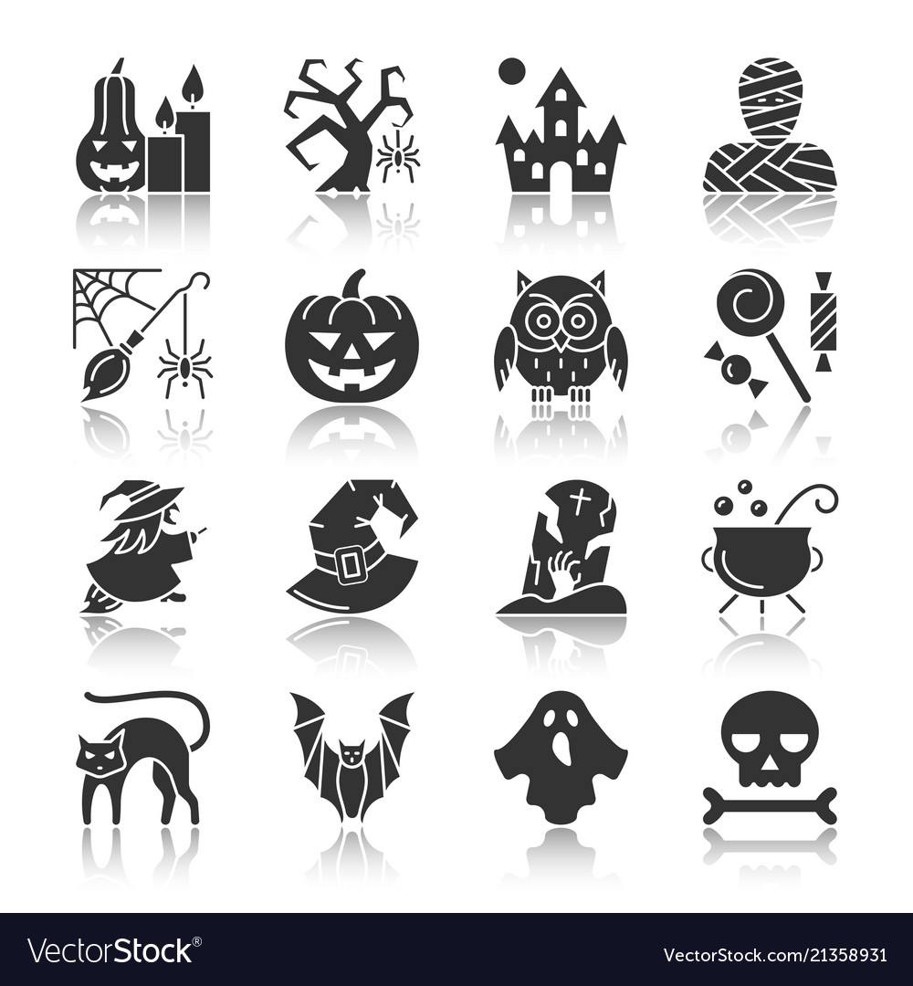 Halloween black silhouette reflection icon set Vector Image