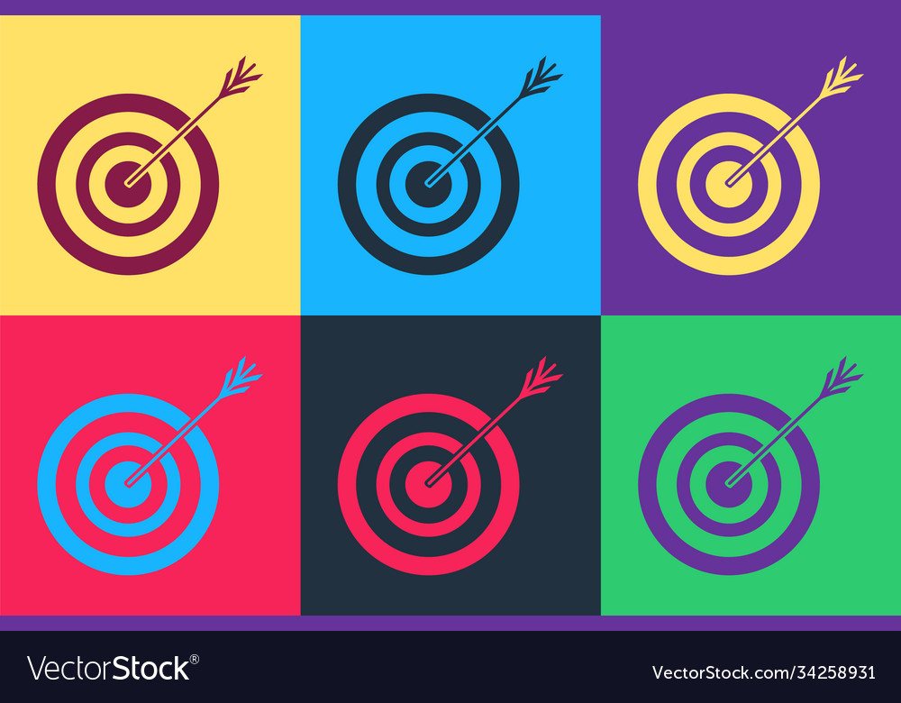 Pop art target with arrow icon isolated on color