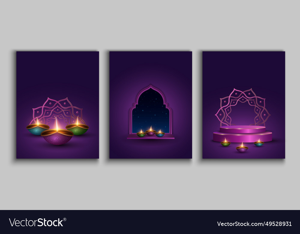 Set of posters for diwali festival light diya