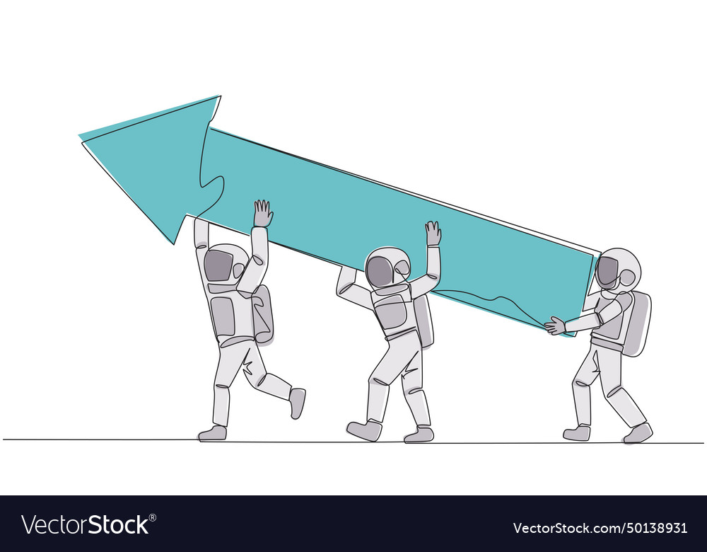 Single one line drawing three astronauts raised