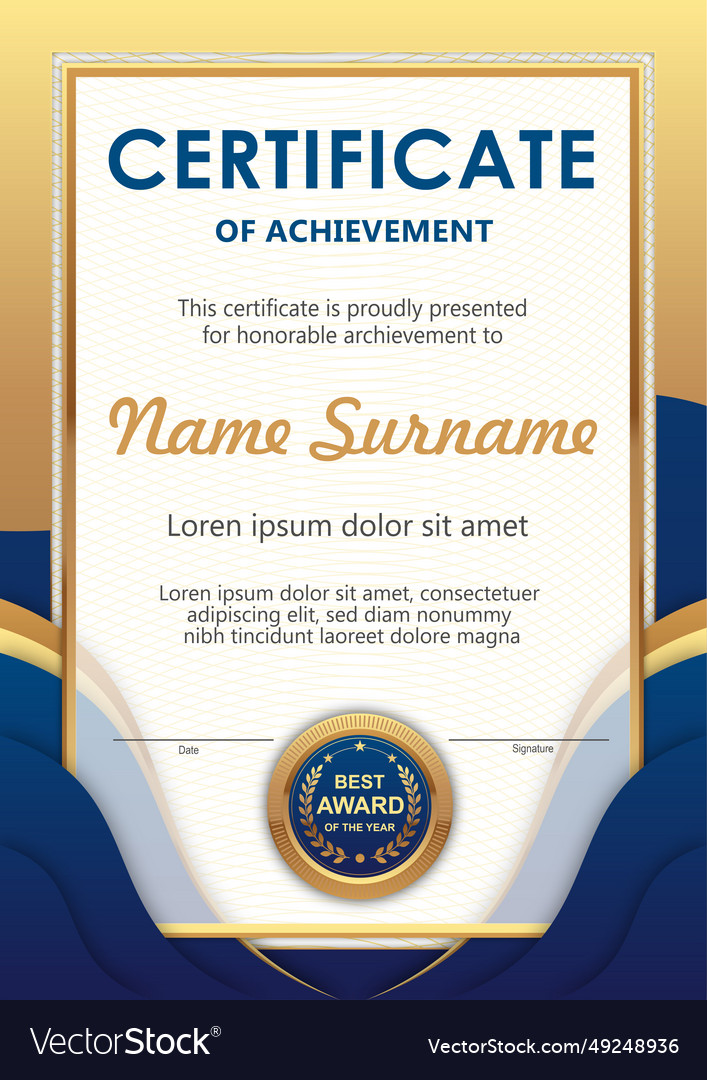 Blue and gold certificate template Royalty Free Vector Image