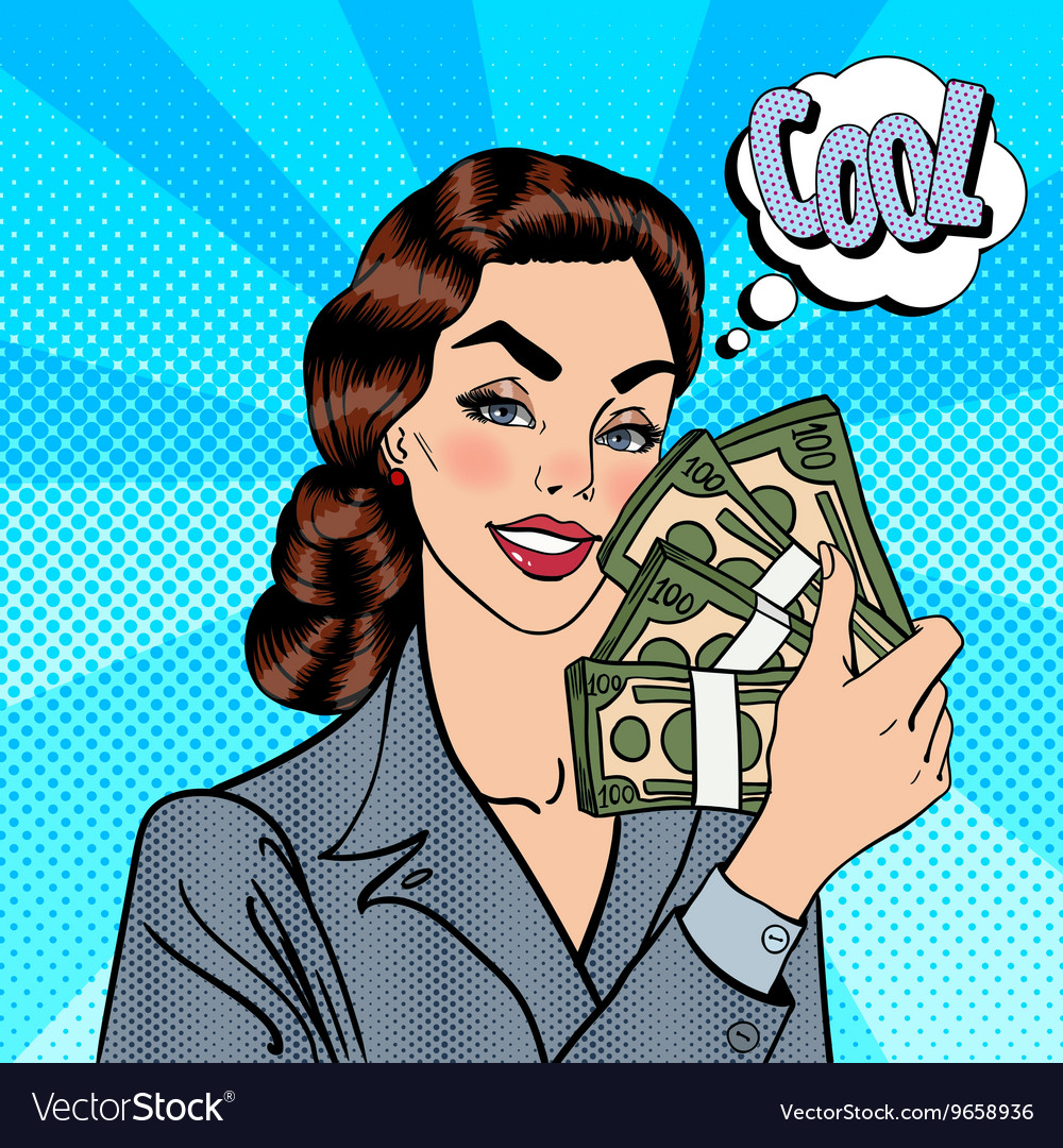 Excited business woman holding dollars pop art Vector Image