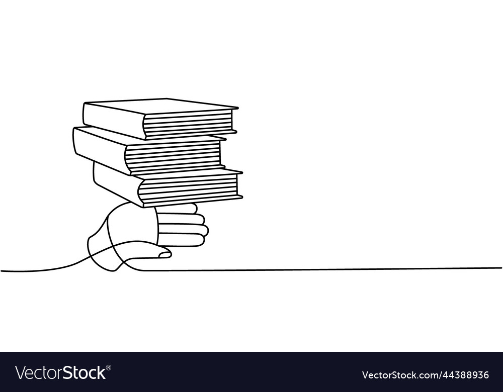 Hand with stack of books one line continuous vector image Hand with stack of books one line continuous