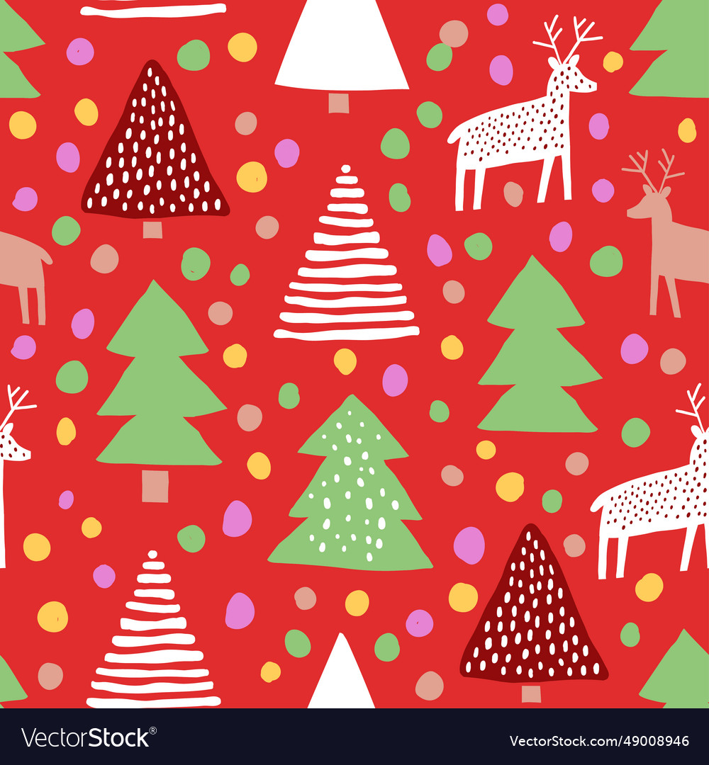 Christmas trees reindeers pattern on red vector image Christmas trees reindeers pattern on red