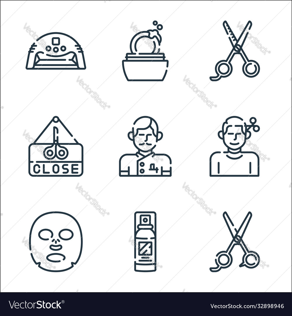 Hairdressing and barber line icons linear set