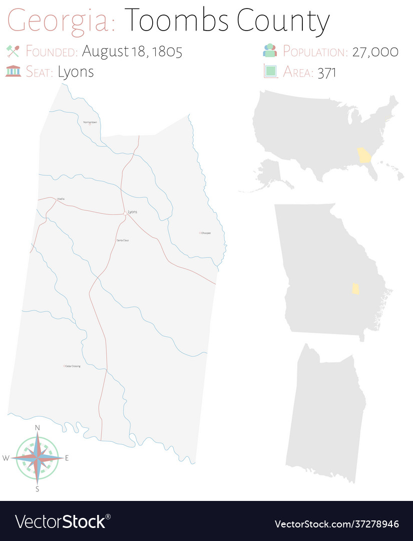 Map toombs county in georgia Royalty Free Vector Image