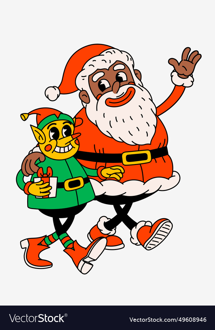 Retro cartoon black santa claus and christmas elf Vector Image