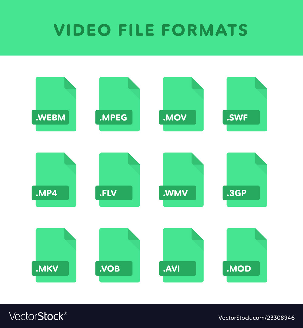 Set of video file formats and labels in flat