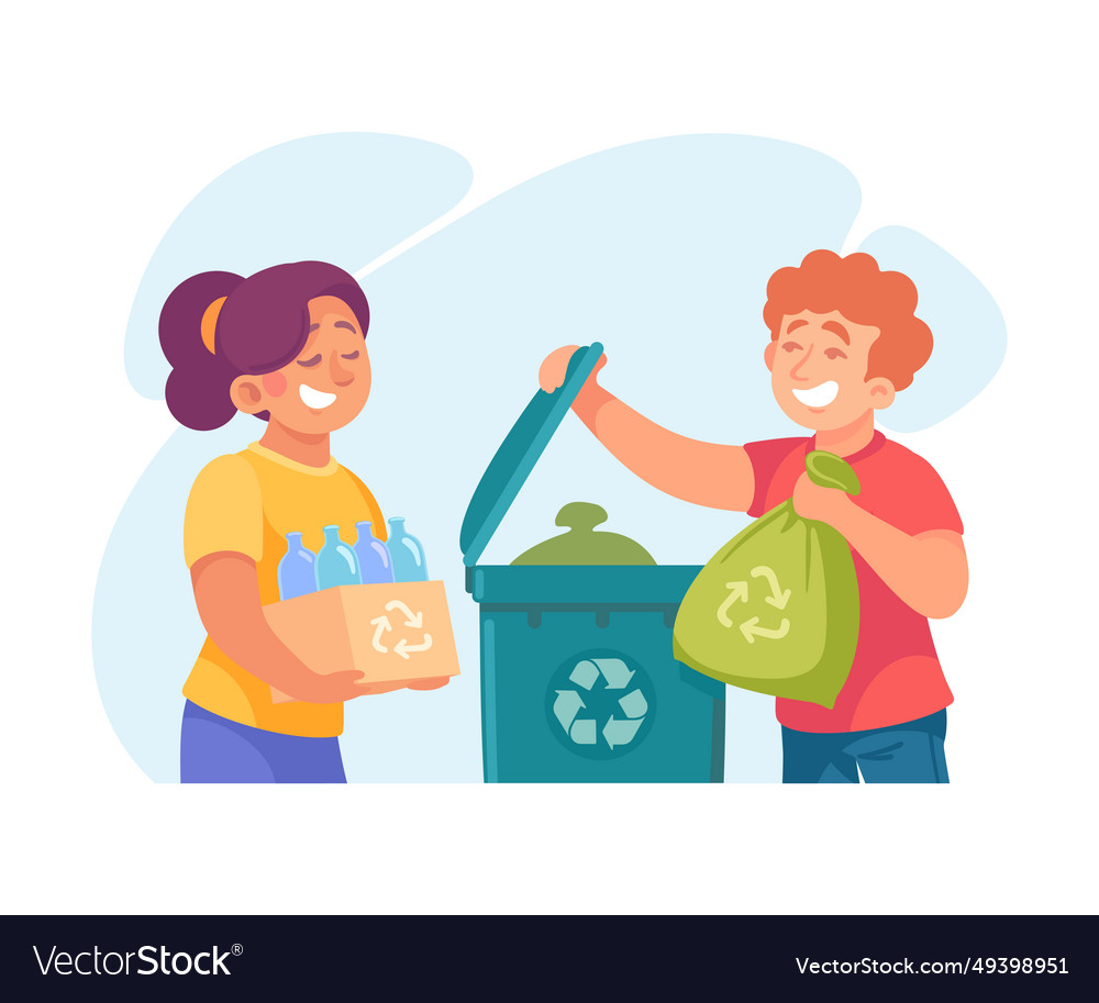 Ecology with man and woman character sort garbage