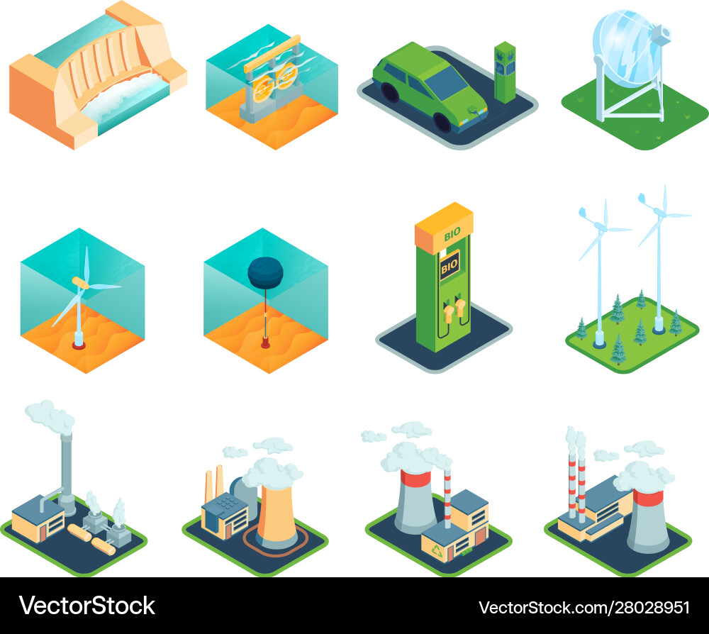 Isometric renewable sources set Royalty Free Vector Image