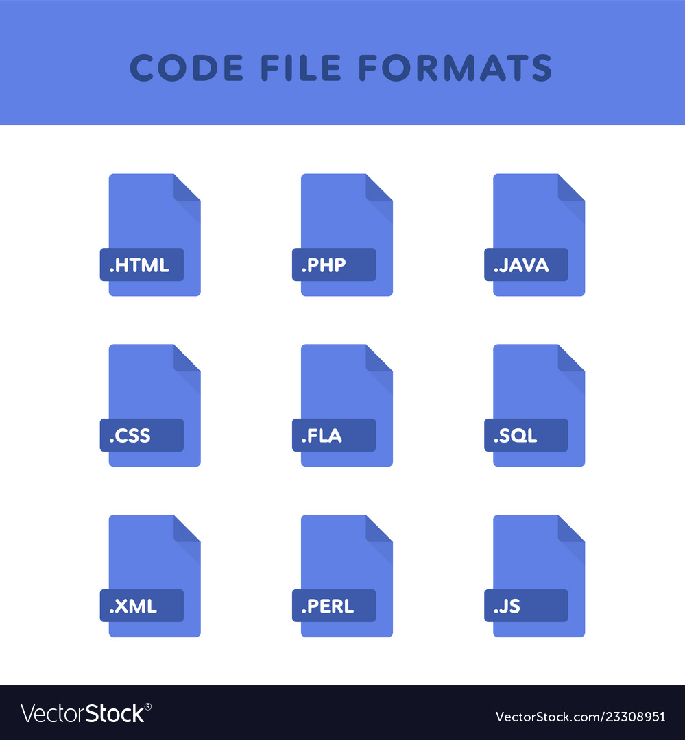 Set of code file formats and labels in flat icons vector image Set of code file formats and labels in flat icons