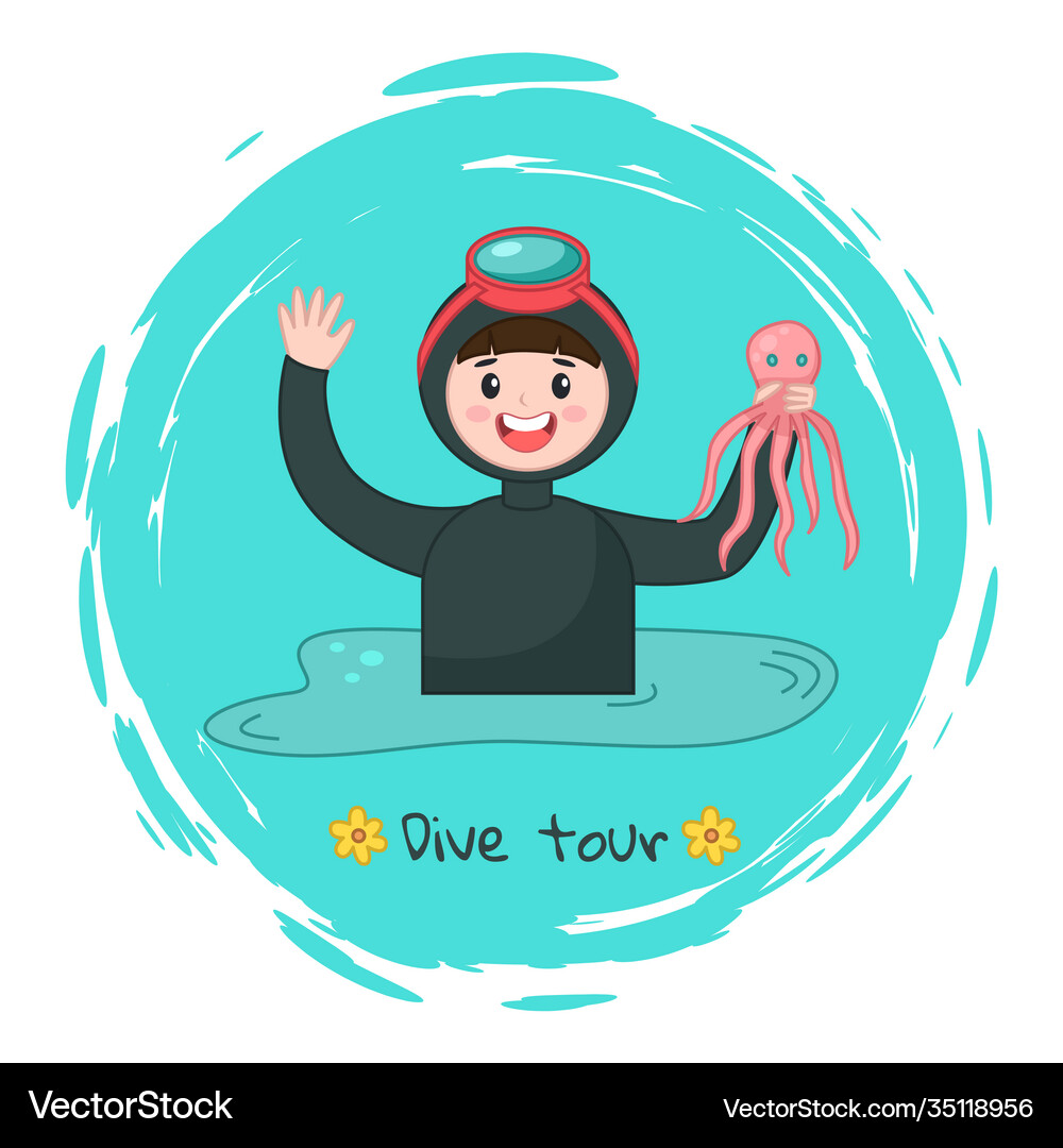 Diver in diving mask holding octopus at background