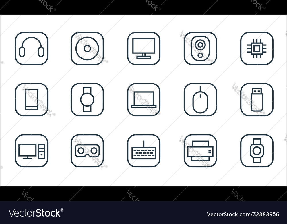 Hardware and gadgets line icons linear set vector image Hardware and gadgets line icons linear set