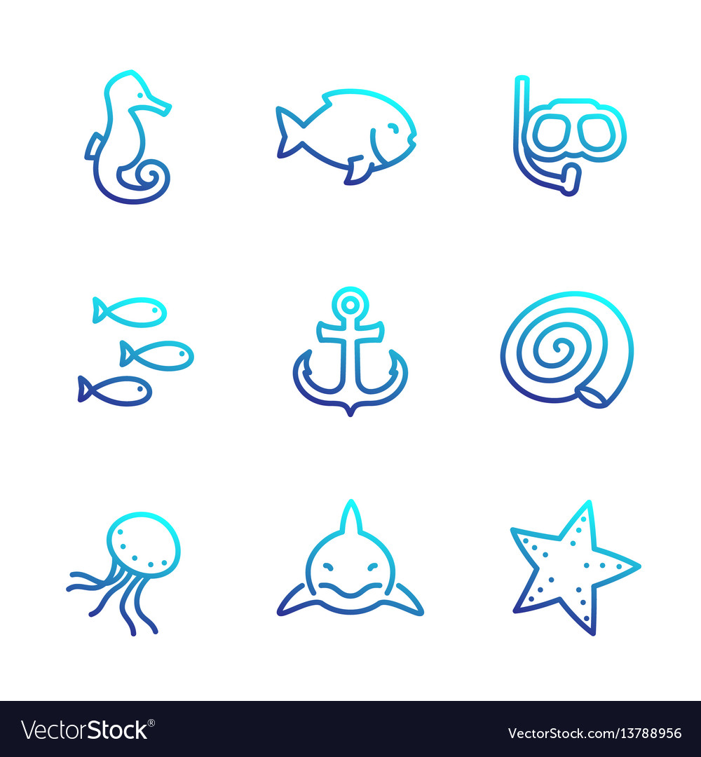 Sea line icons isolated over white shark fish