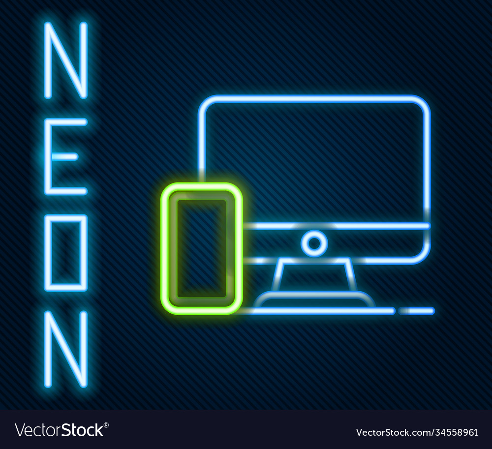 Glowing neon line computer monitor and mobile vector image Glowing neon line computer monitor and mobile