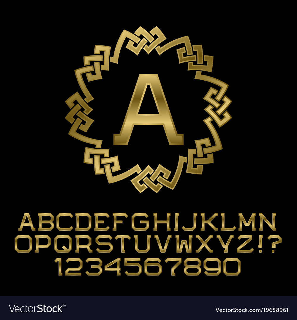 Golden angular letters and numbers with a initial vector image Golden angular letters and numbers with a initial