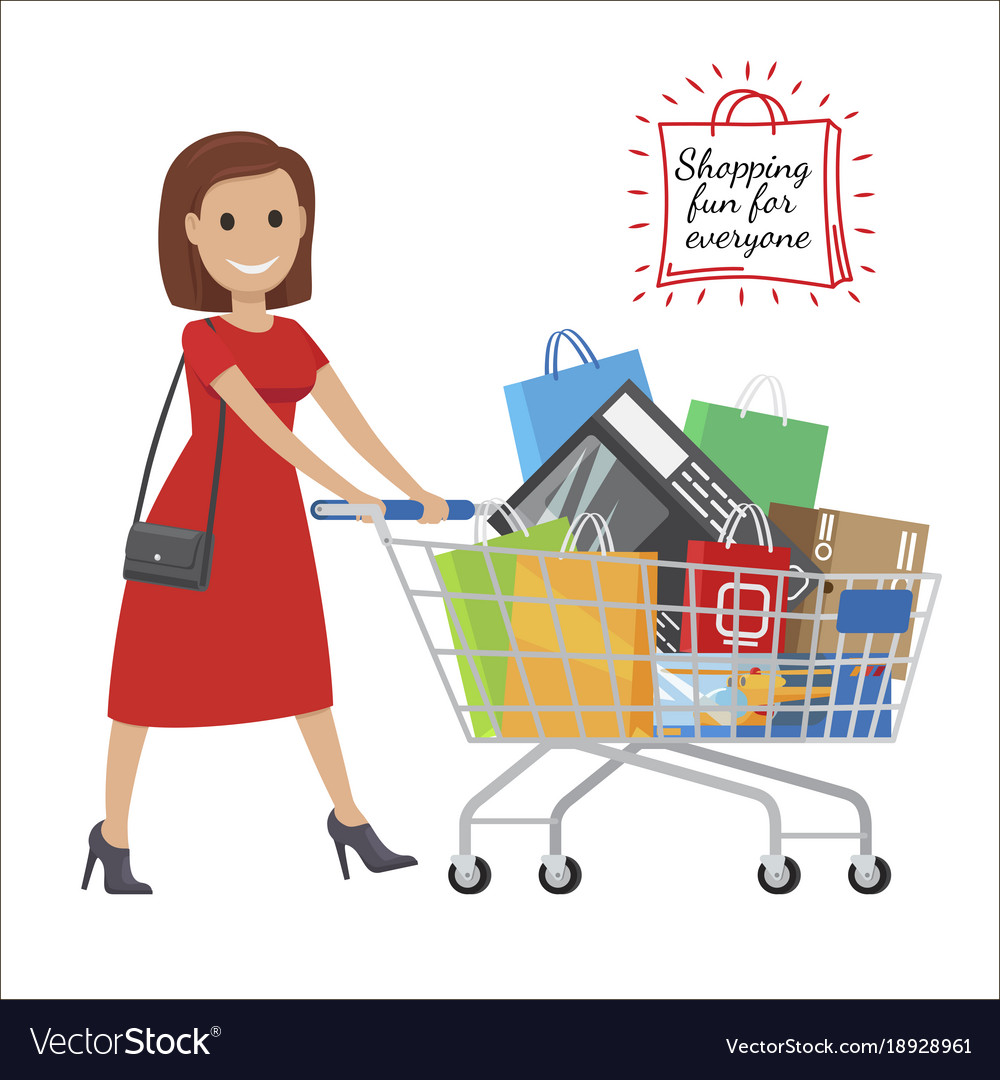 Shopping fun for everyone cartoon woman with cart Vector Image