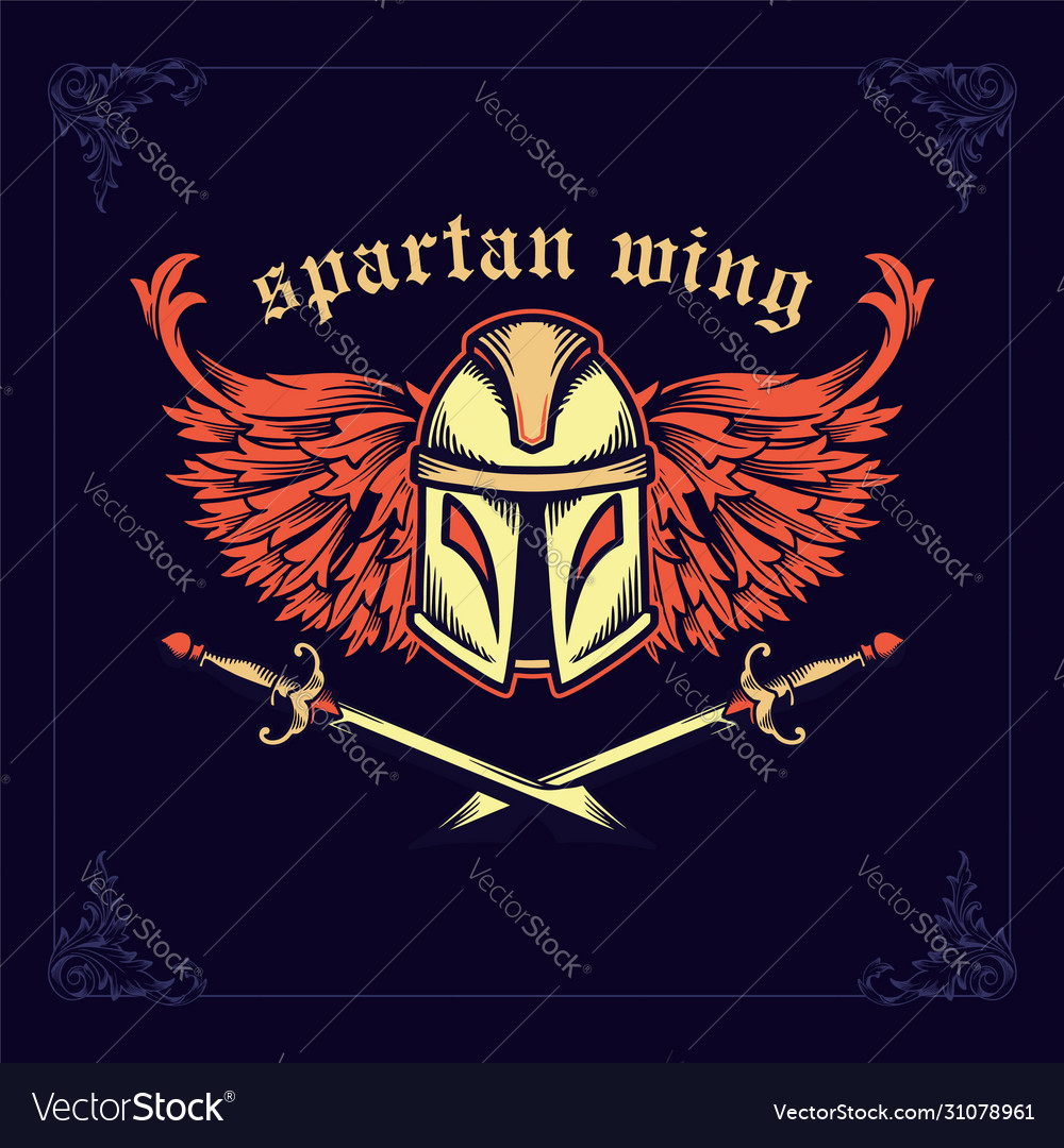 Spartan helmet with crossed swords and wings Vector Image