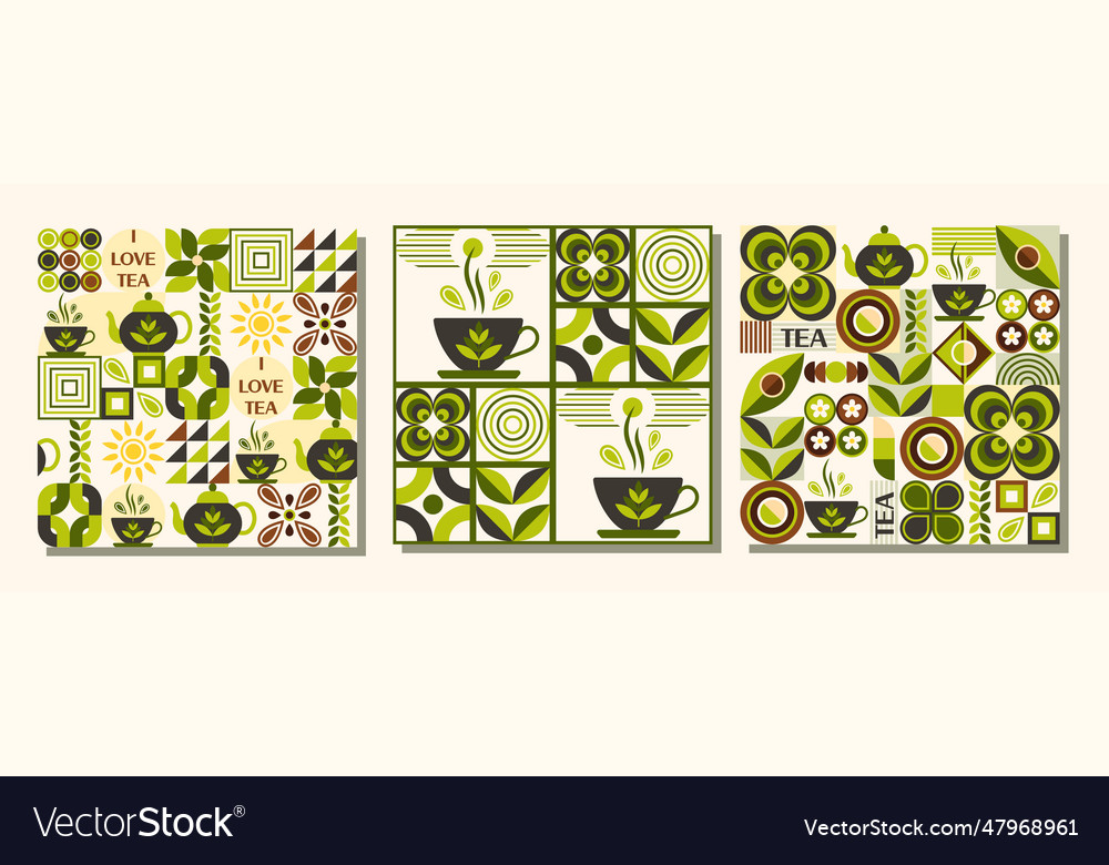 Tea themed patterns with icons in geometric style Vector Image Tea themed patterns with icons in geometric style