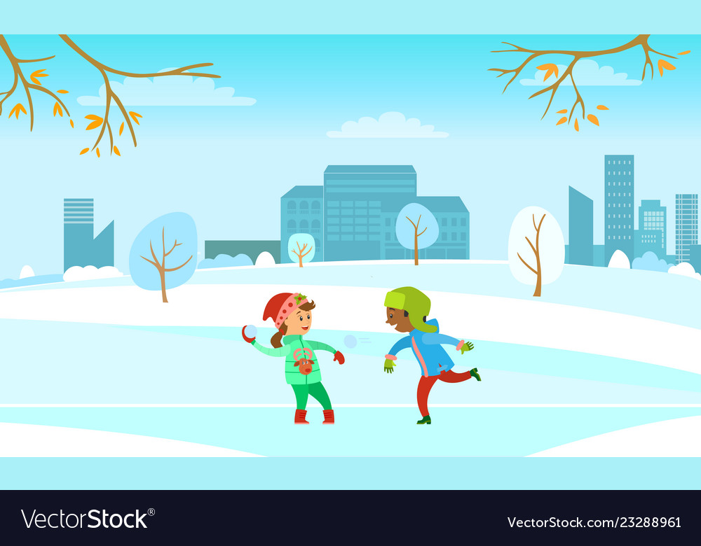 Winter Holidays Fun Kids Playing Snowball Fight Vector Image