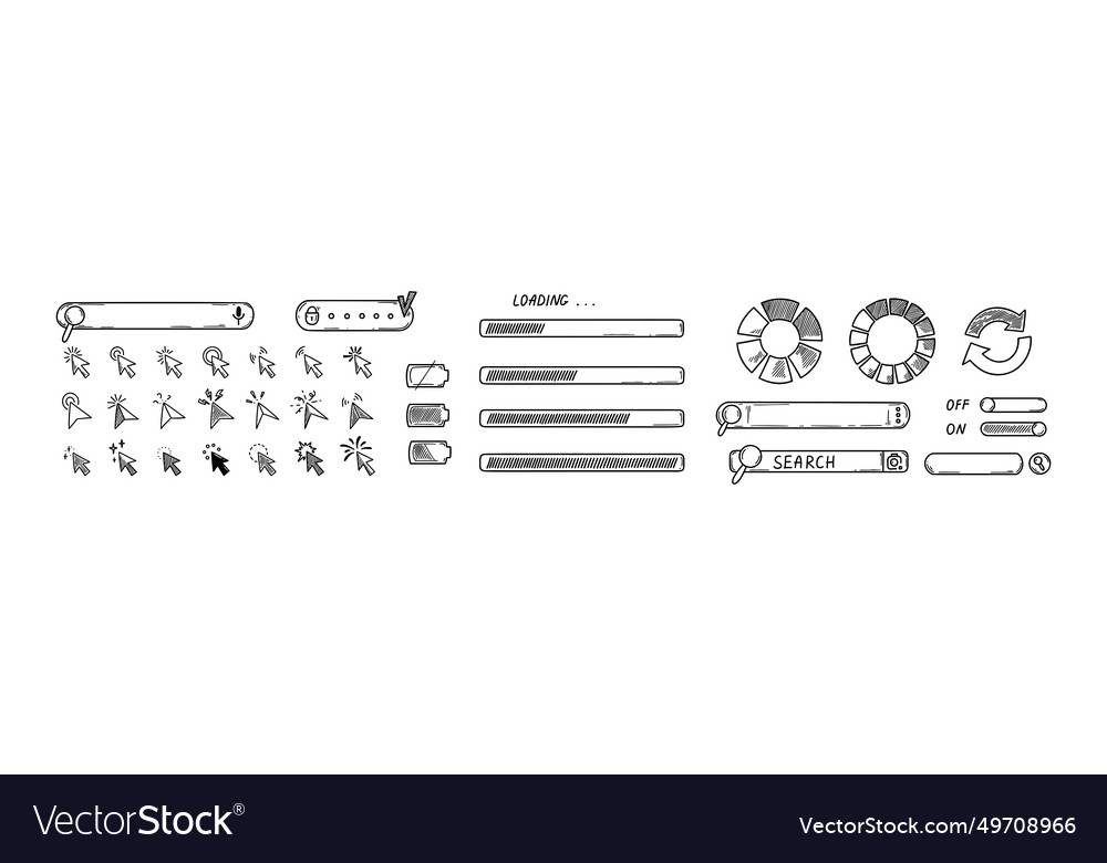 Doodle interface design elements click icons vector image Doodle interface design elements click icons