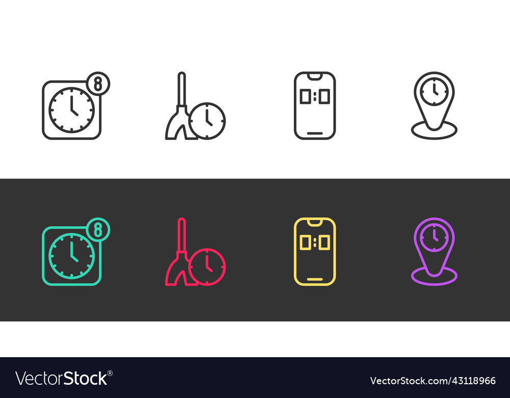 Set line alarm clock app mobile cleaning time Vector Image Set line alarm clock app mobile cleaning time
