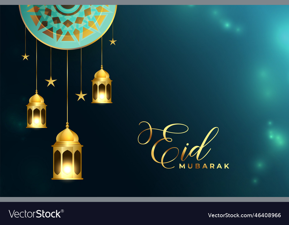 Shiny eid mubarak invitation card with hanging Vector Image