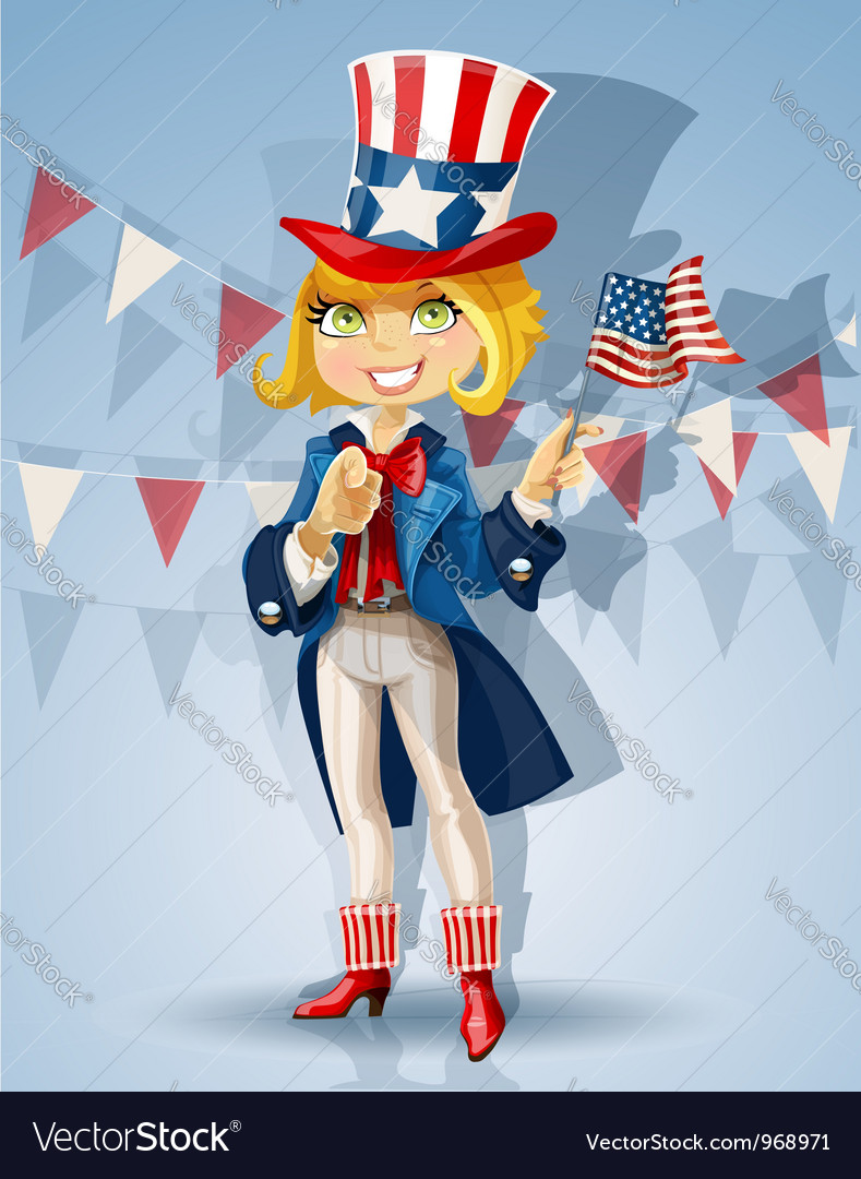 Blond girl in a suit of uncle sam celebrates july